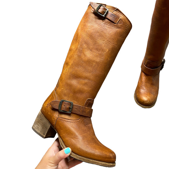 Frye Shoes - FRYE | sz 8B Women's Cognac Brown Vera Tall Buckle Tall Riding Moto Boot  heel